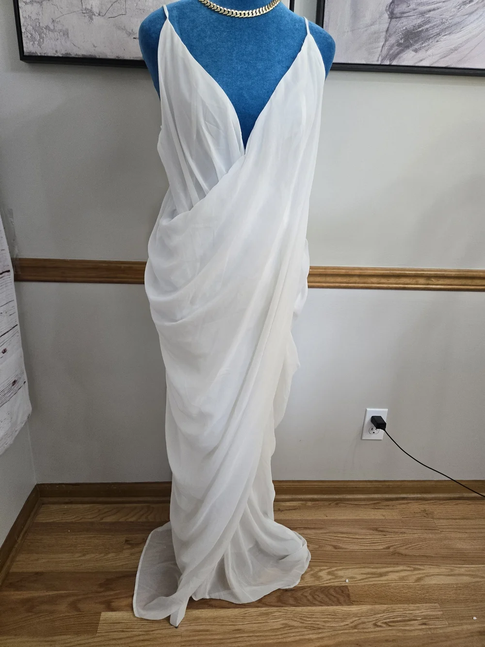 PrettyLittleThing White Chiffon Backless Draped Maxi Dress US 8 NWT